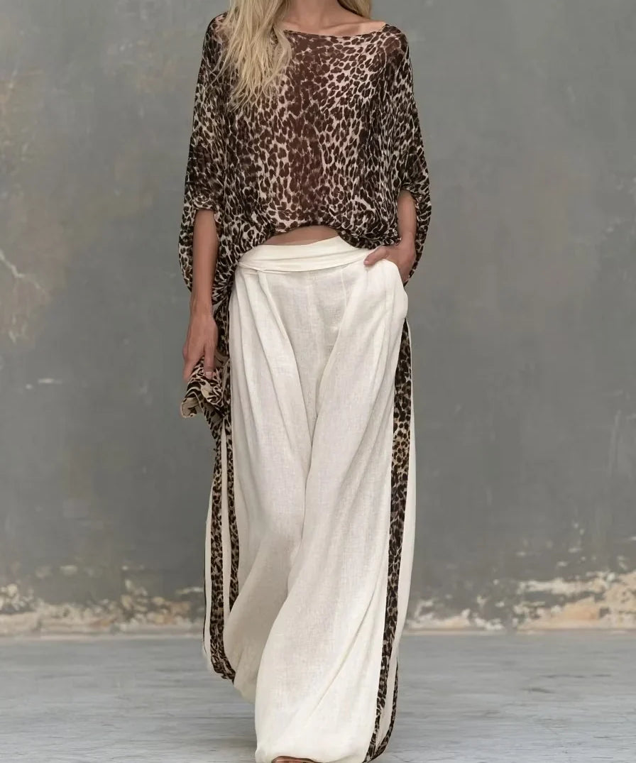 MARCELLA | LEOPARD-PRINT TOP & WIDE-LEG TROUSERS SET
