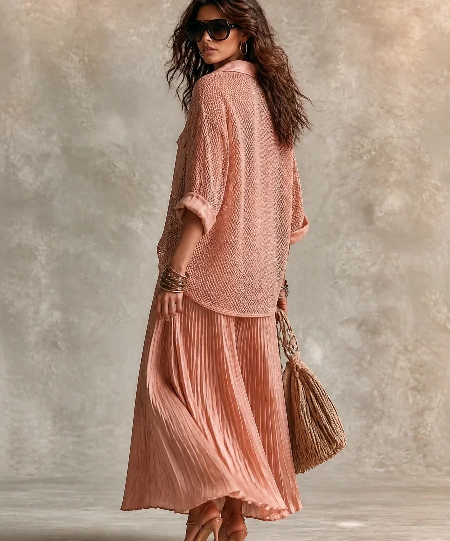 CAMILLE | PINK MESH SHIRT & PLEATED SKIRT SET