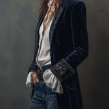Adriana | Chaqueta Larga Bordada Vintage Azul Marino