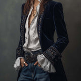 Adriana | Chaqueta Larga Bordada Vintage Azul Marino