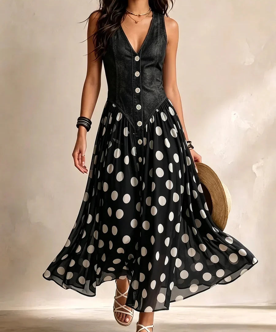 Adeline | Vestido Largo Denim con Lunares