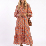 Amara | Geometric Print V Neck Tiered Midi Dress