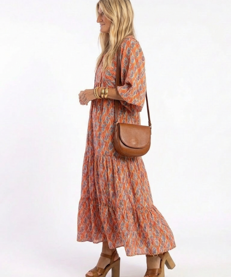 Amara | Geometric Print V Neck Tiered Midi Dress