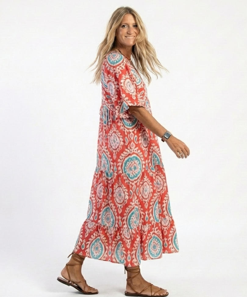 Zaria | Paisley Print V Neck Short Sleeve Midi Dress