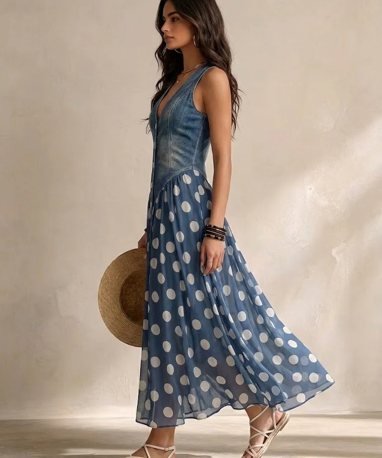 Adeline | Vestido Largo Denim con Lunares