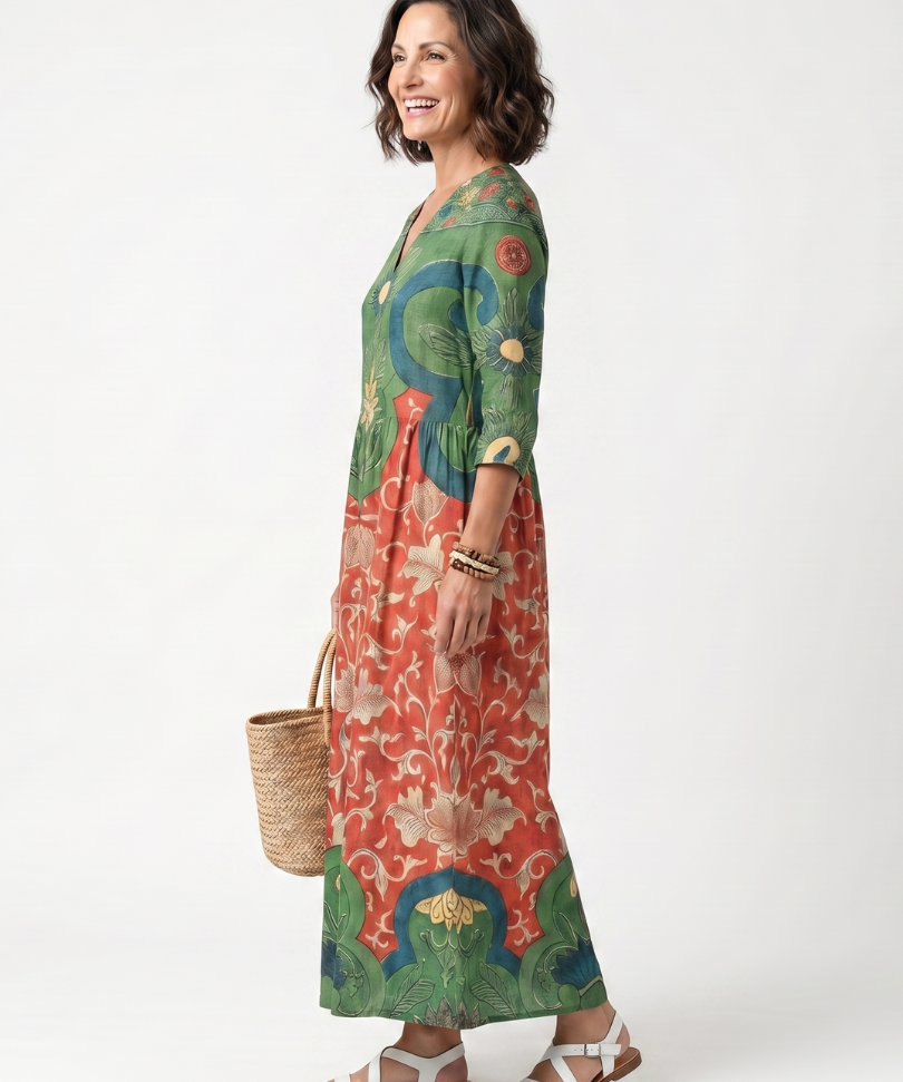 Sloane | Mixed Print V Neck Pocket Midi Dress