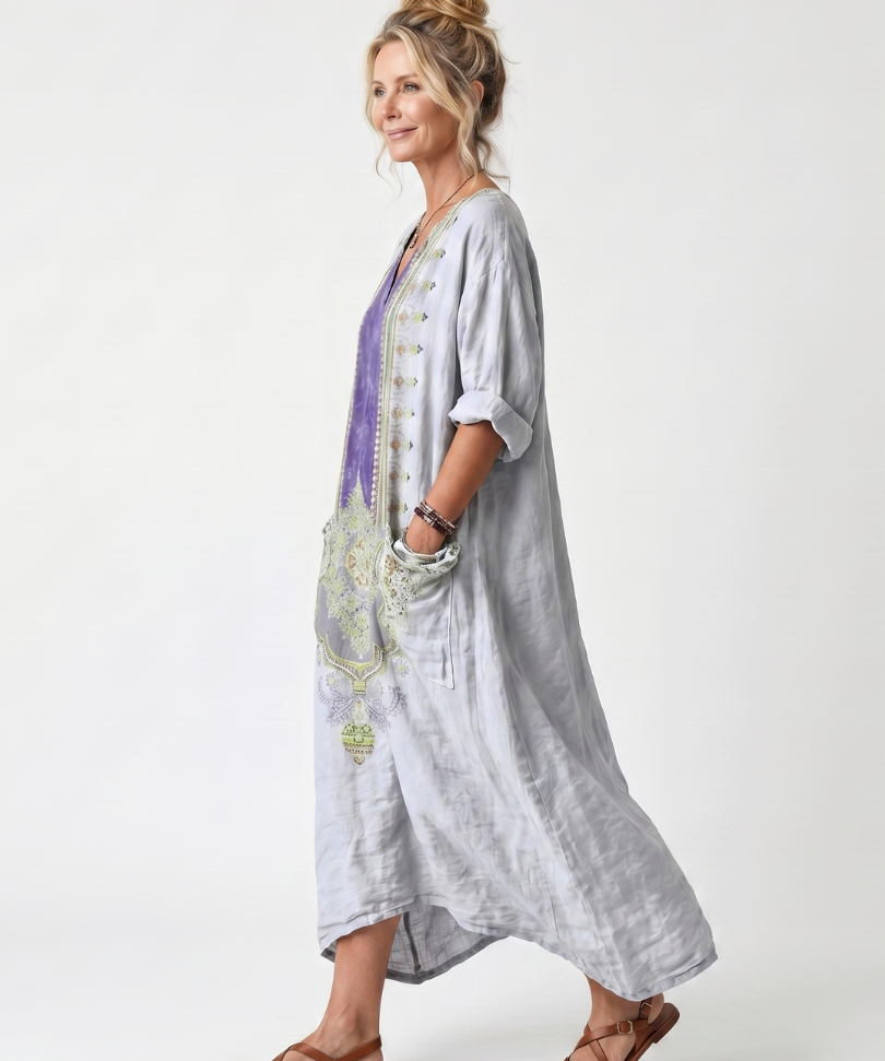 Raina | Contrast Panel Embroidered Oversized Pocket Midi Dress