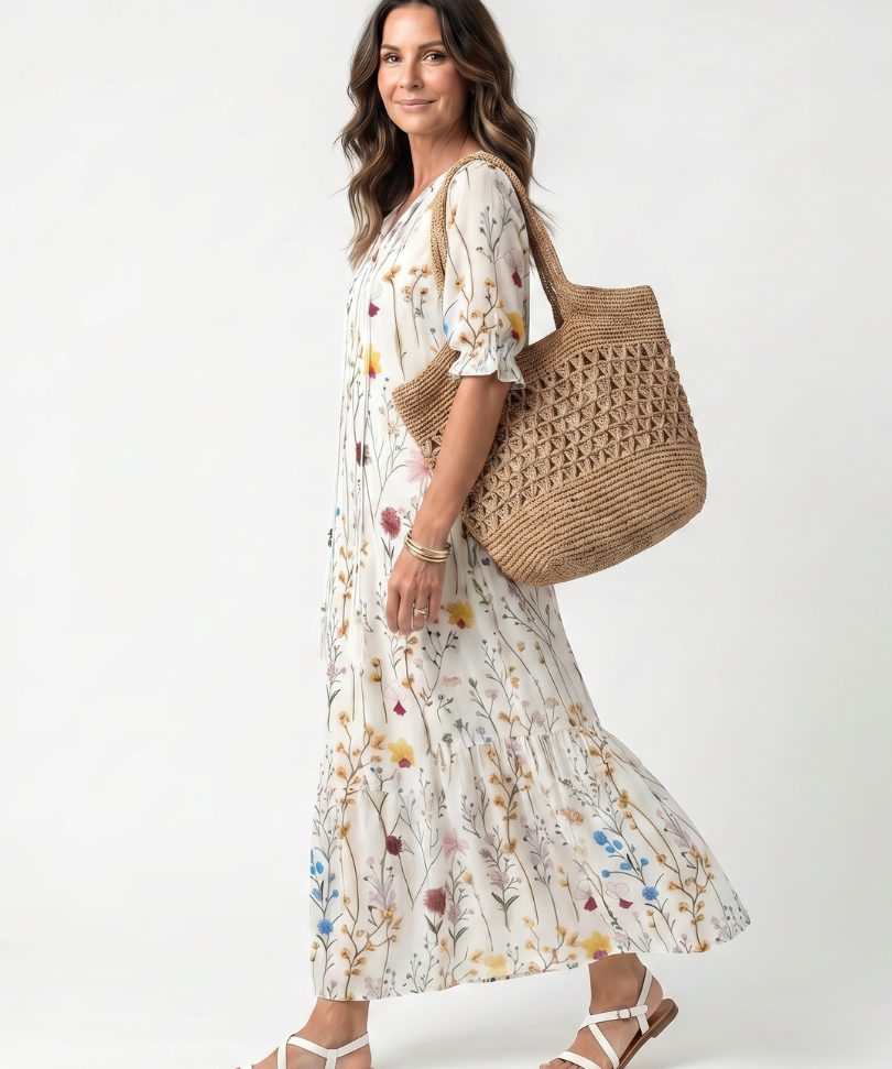 Sylvie | Botanical Print Tassel Tie Midi Dress