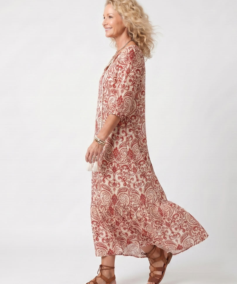 Noelle | Ornate Print Tassel Tie Midi Dress