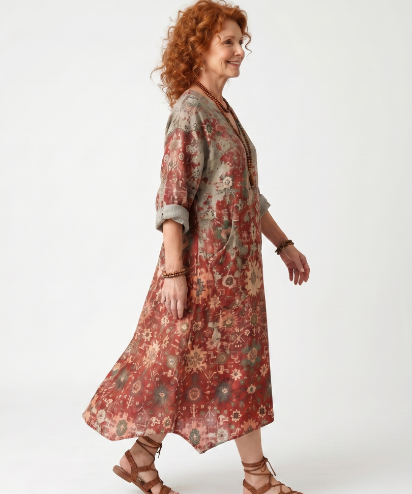 Saffron | Mixed Pattern Relaxed Pocket Midi Dress