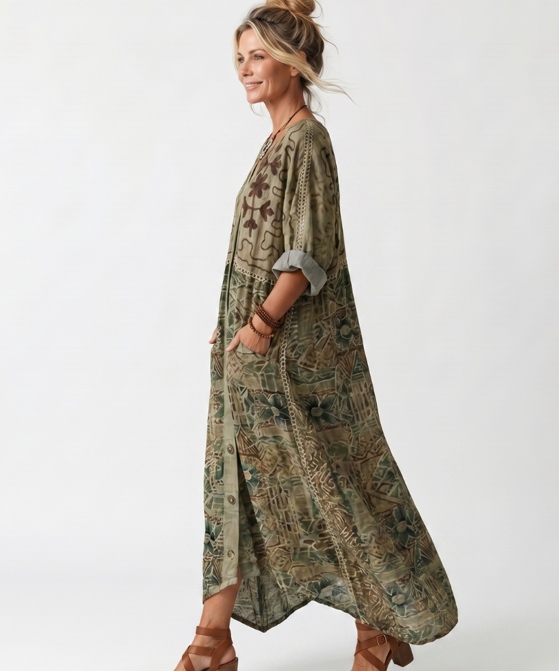 Aleta | Button Front Embroidered Oversized Pocket Midi Dress