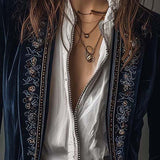 Adriana | Chaqueta Larga Bordada Vintage Azul Marino