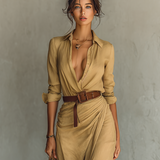 Vestido Maxi Largo con Cuello Solapa y Mangas Largas para Mujer