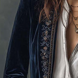 Adriana | Chaqueta Larga Bordada Vintage Azul Marino