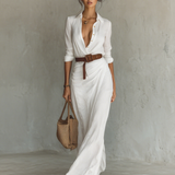 Vestido Maxi Largo con Cuello Solapa y Mangas Largas para Mujer