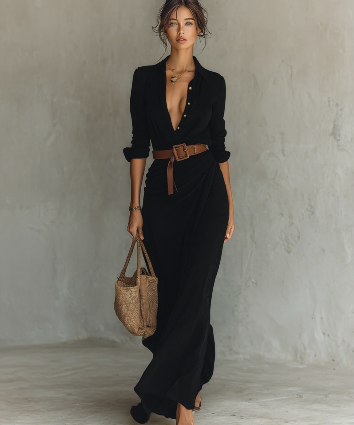 Vestido Maxi Largo con Cuello Solapa y Mangas Largas para Mujer