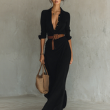 Vestido Maxi Largo con Cuello Solapa y Mangas Largas para Mujer