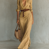 Vestido Maxi Largo con Cuello Solapa y Mangas Largas para Mujer