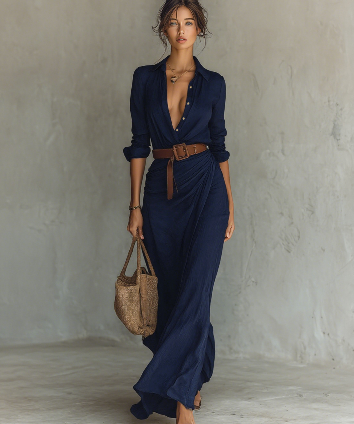 Vestido Maxi Largo con Cuello Solapa y Mangas Largas para Mujer