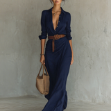 Vestido Maxi Largo con Cuello Solapa y Mangas Largas para Mujer
