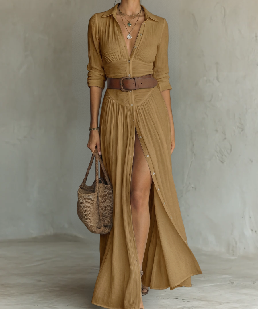 Vestido Maxi Largo con Cuello Solapa y Mangas Largas