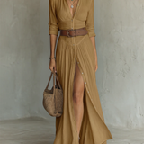 Vestido Maxi Largo con Cuello Solapa y Mangas Largas