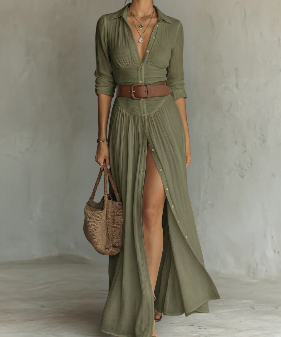 Vestido Maxi Largo con Cuello Solapa y Mangas Largas