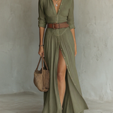 Vestido Maxi Largo con Cuello Solapa y Mangas Largas