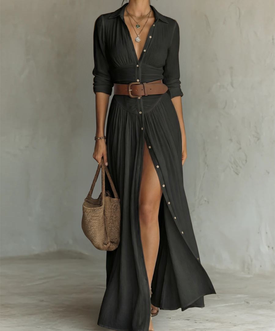Vestido Maxi Largo con Cuello Solapa y Mangas Largas