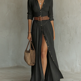 Vestido Maxi Largo con Cuello Solapa y Mangas Largas