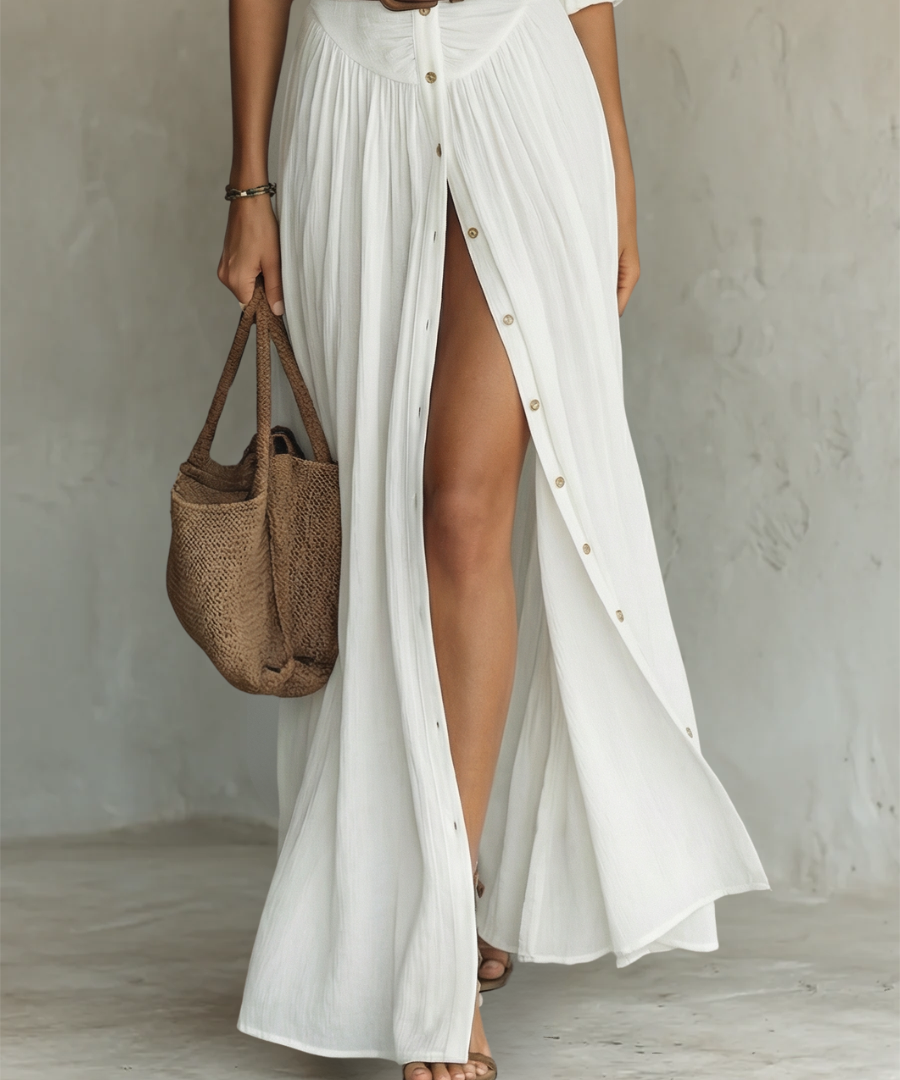 Vestido Maxi Largo con Cuello Solapa y Mangas Largas