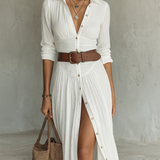 Vestido Maxi Largo con Cuello Solapa y Mangas Largas