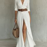 Vestido Maxi Largo con Cuello Solapa y Mangas Largas