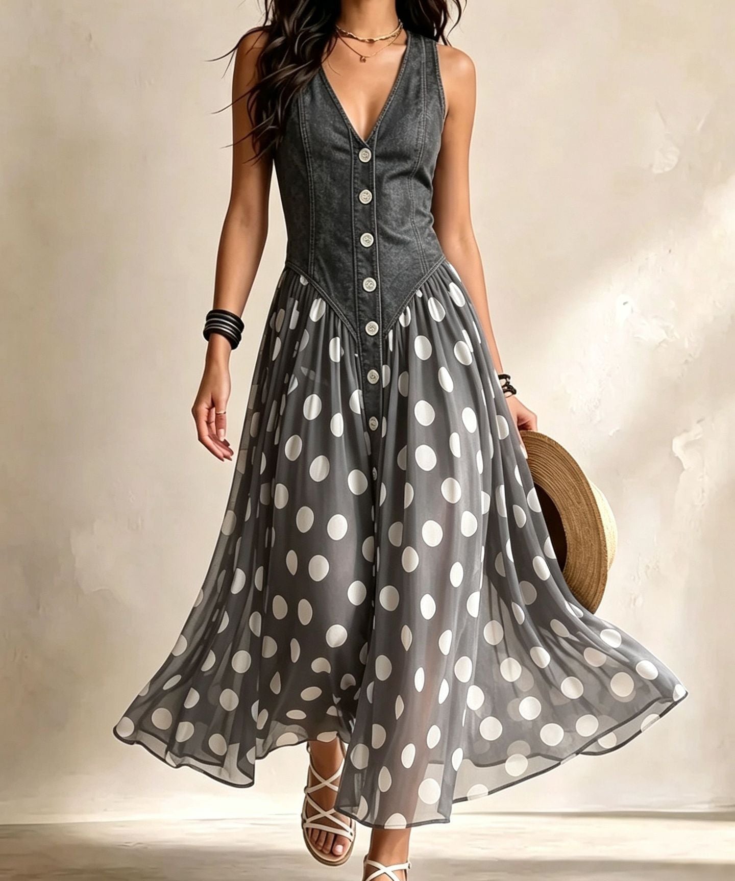 Adeline | Vestido Largo Denim con Lunares