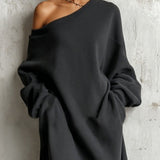 Vestido Maxi Negro de Sudadera con Hombros Descubiertos