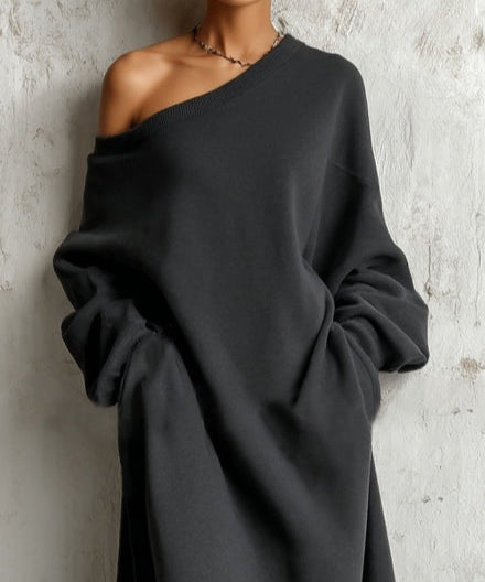 Vestido Maxi Negro de Sudadera con Hombros Descubiertos