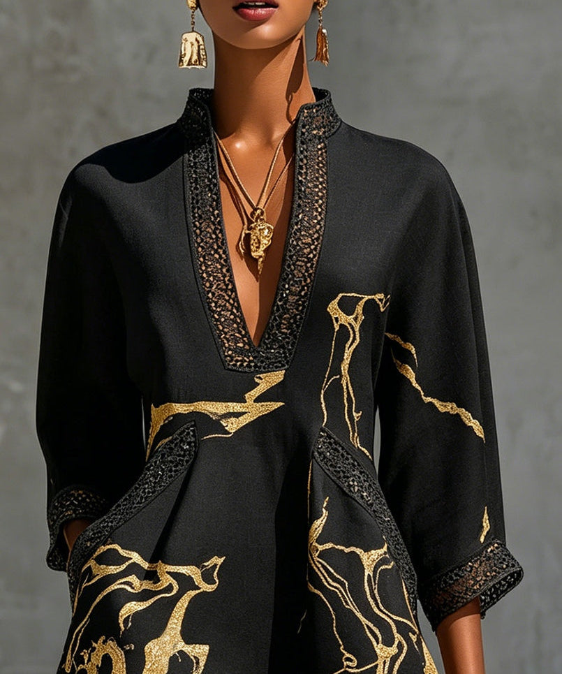 Donatella | Minivestido negro con estampado mármol dorado y encaje crochet