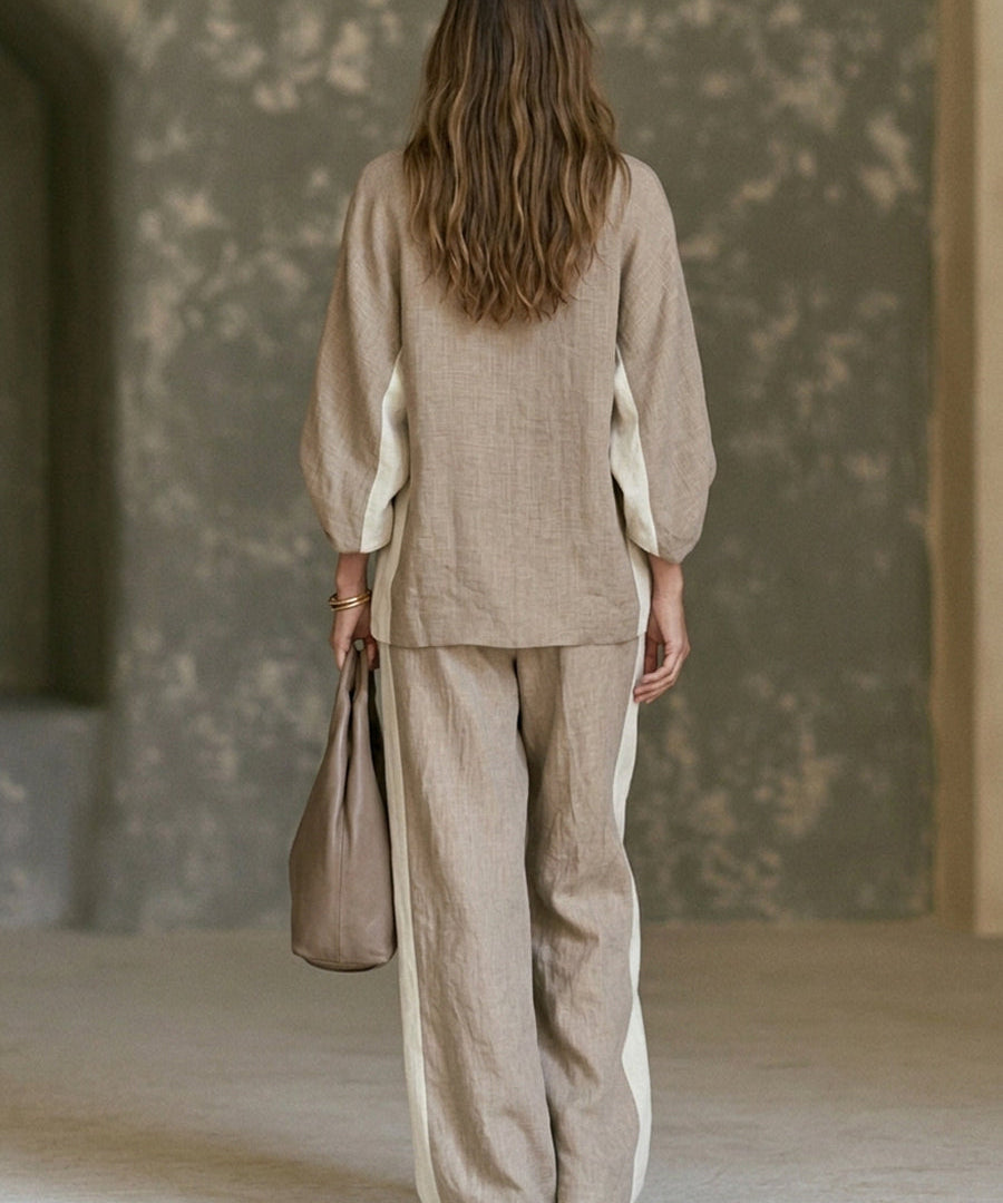 FELIA | KHAKI COLOR-BLOCK WIDE-LEG TWO-PIECE SET