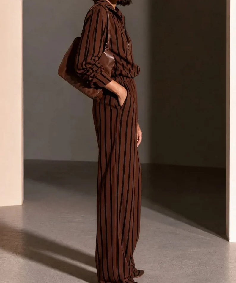 VALERIA | STRIPED HALF-ZIP WIDE-LEG PANTS SET