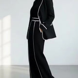 KARIN | CONTRAST-PIPED BLAZER & WIDE-LEG PANTS SET