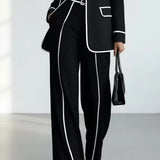 KARIN | CONTRAST-PIPED BLAZER & WIDE-LEG PANTS SET