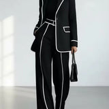 KARIN | CONTRAST-PIPED BLAZER & WIDE-LEG PANTS SET