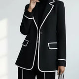 KARIN | CONTRAST-PIPED BLAZER & WIDE-LEG PANTS SET