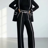 KARIN | CONTRAST-PIPED BLAZER & WIDE-LEG PANTS SET
