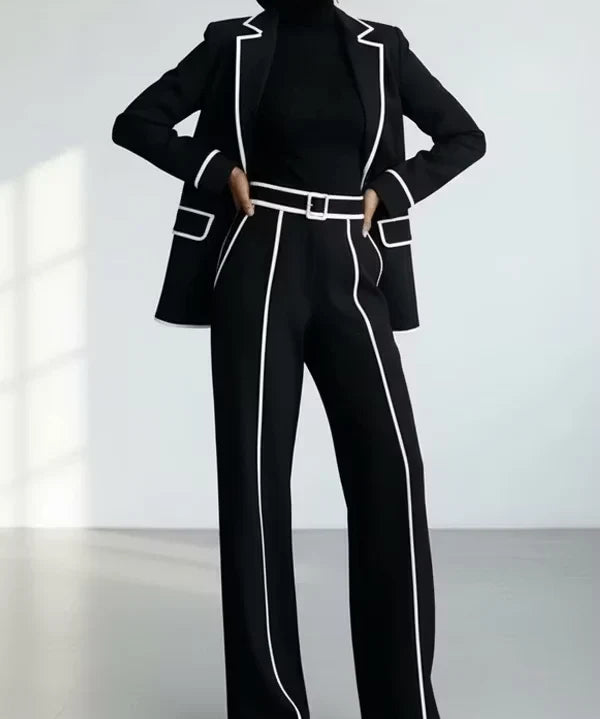 KARIN | CONTRAST-PIPED BLAZER & WIDE-LEG PANTS SET