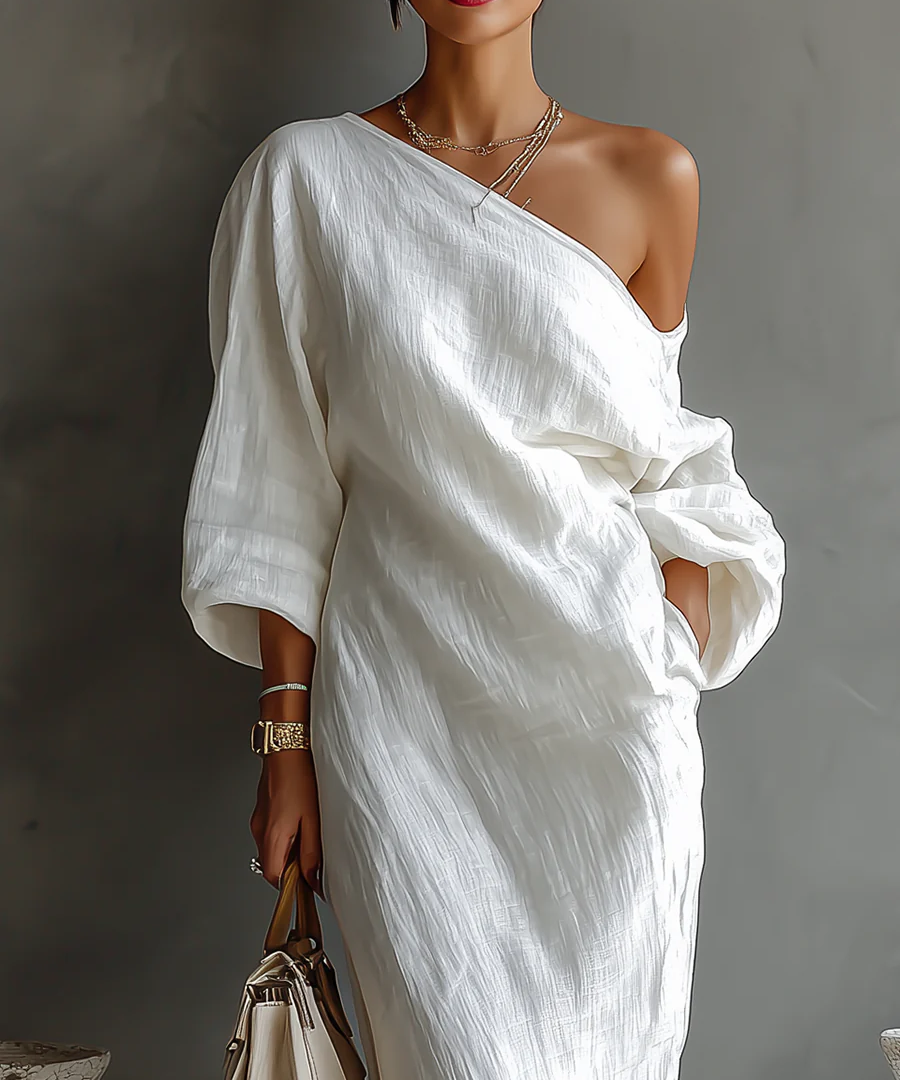 Vestido Maxi Blanco Elegante de Un Hombro