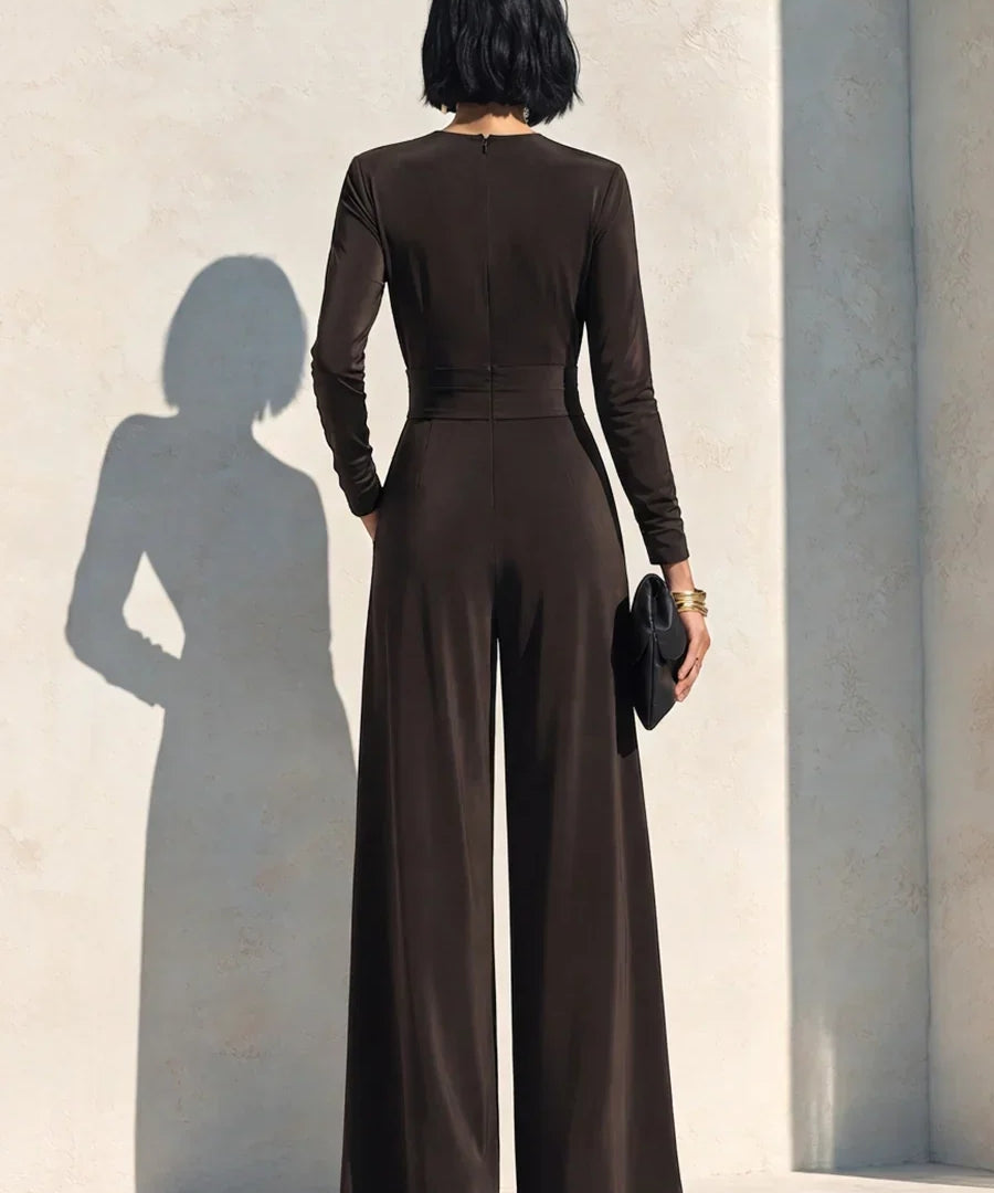 VALERIE | CHOCOLATE BROWN WRAP WIDE-LEG JUMPSUIT