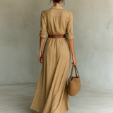 Vestido Maxi Largo con Cuello Solapa y Mangas Largas para Mujer