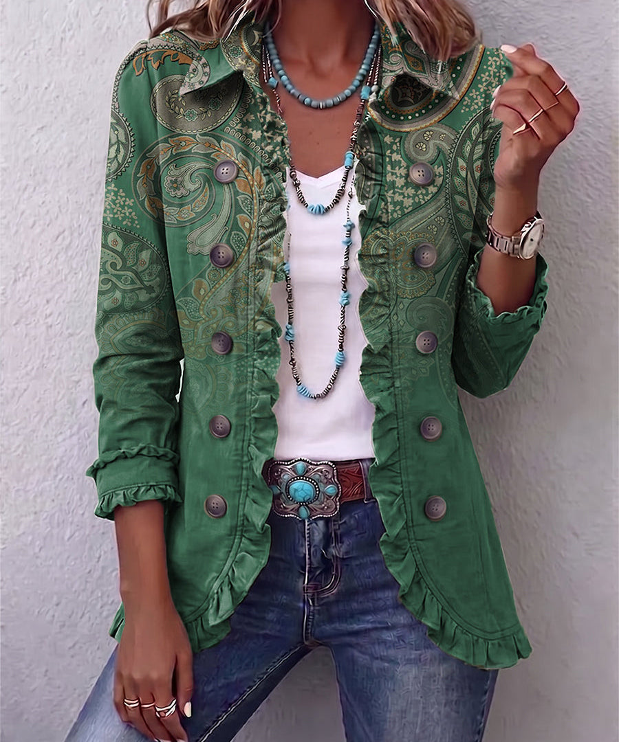 Teodora | Chaqueta Cachemira Verde con Volantes