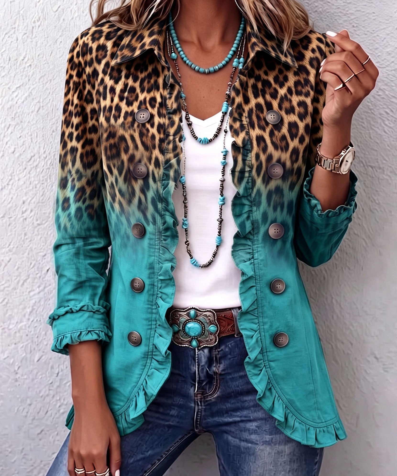 Casandra | Blazer de Leopardo Degradado con Volantes